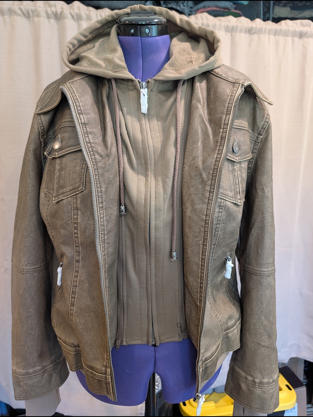 Unisex Hooded Faux-Leather Jacket in tan/ Brown. Layered Coverage.